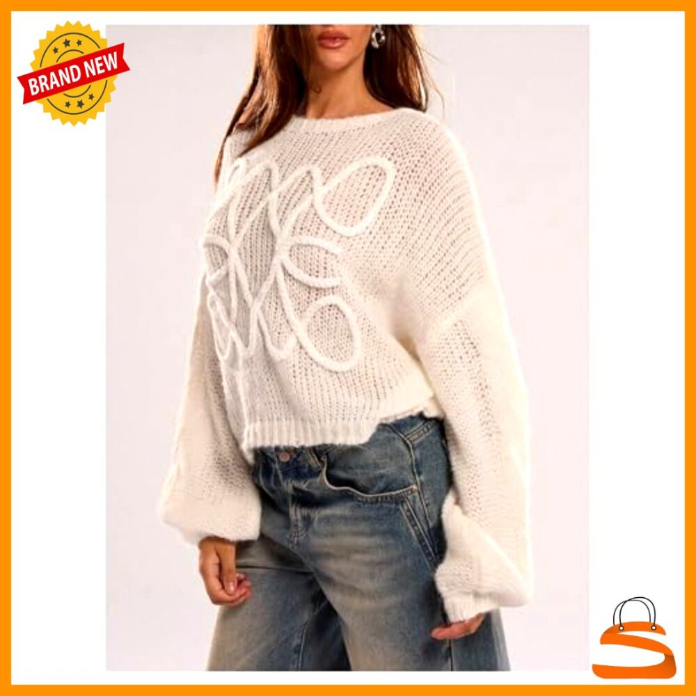 Oversized Y2K Crochet Knit Pullover Sweater Long Sleeve Crew Neck - Picture 4 of 5